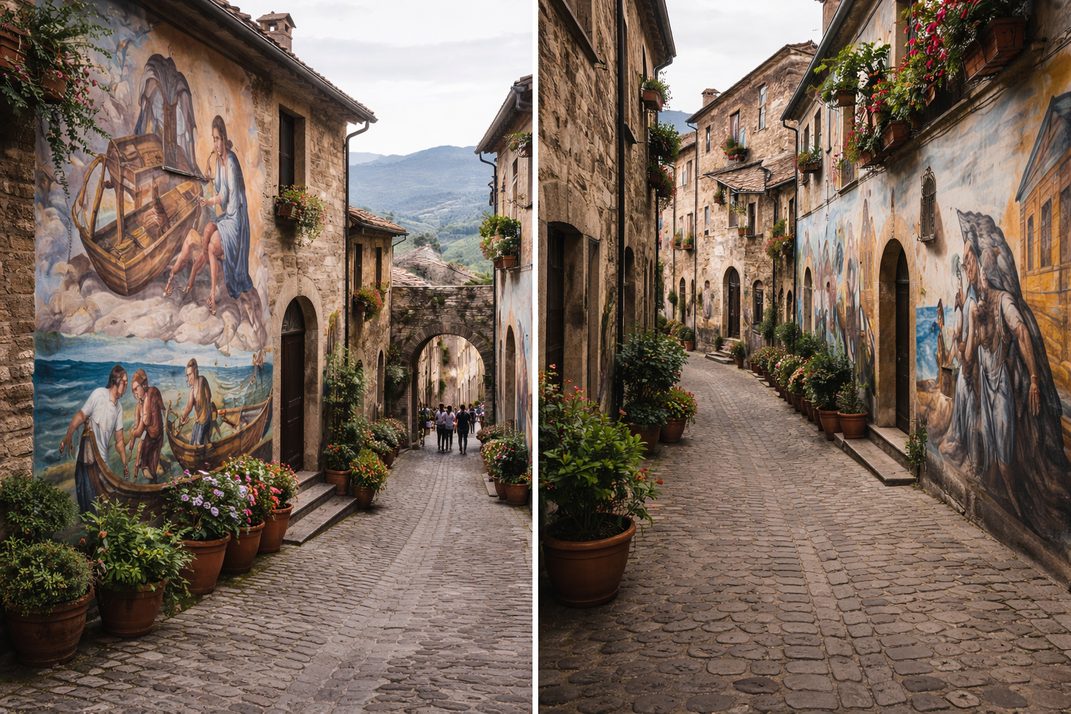 Borgo italiano con facciate colorate e arte urbana